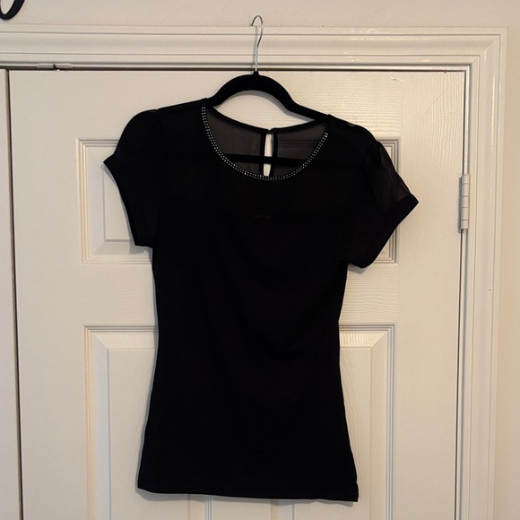 Express Tops - Express Black Short Sleeve Top with Studded Neckline